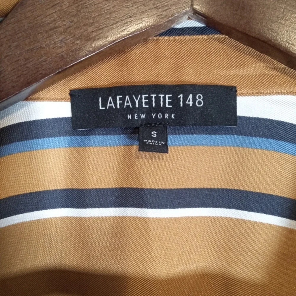 Lafayette 148 New York Striped Blouse Silk Mustard/golden Tone Womens Small - Picture 2 of 9